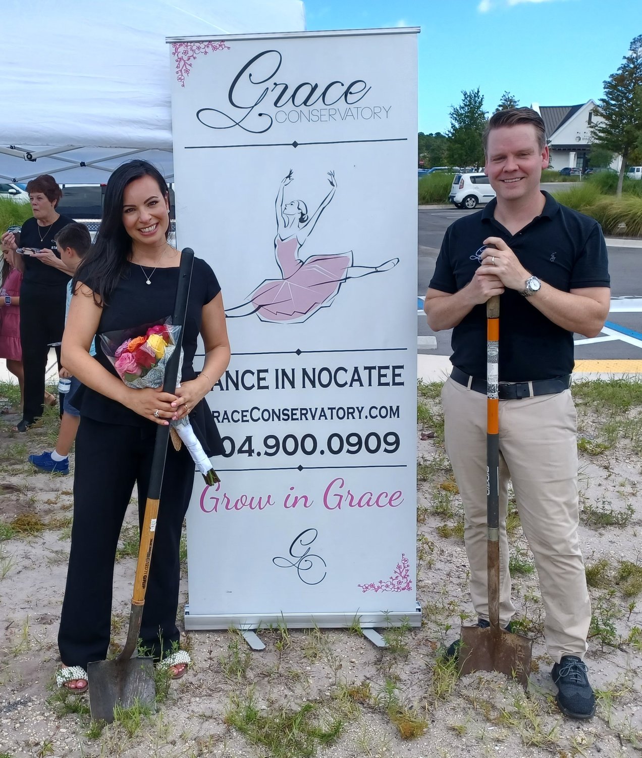 Kristina and Vaughn Robison broke ground Aug. 9 for the Grace Conservatory’s new dance studio.